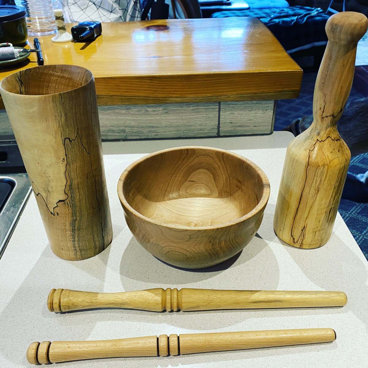 vase, bowl, mallet, nostrapinnes for winding yarn, maple
